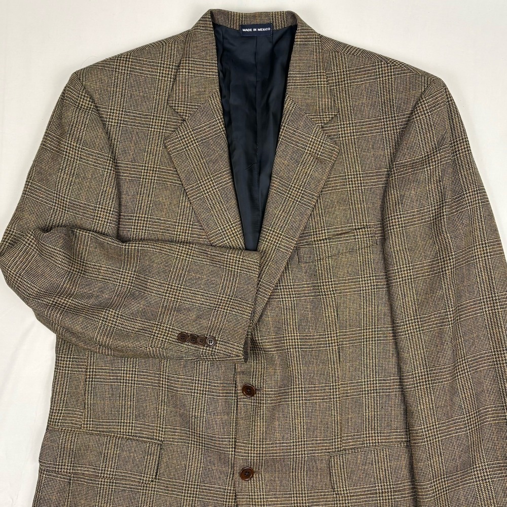 VTG 90s Oak Creek Silk Wool Glen Plaid Sport Coat 44L Tan/Navy w/Red Overcheck